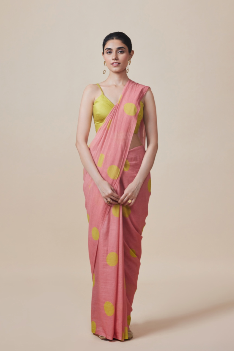 PEACHDIVINE CLAMP DYED YELLOW POLKA SAREE