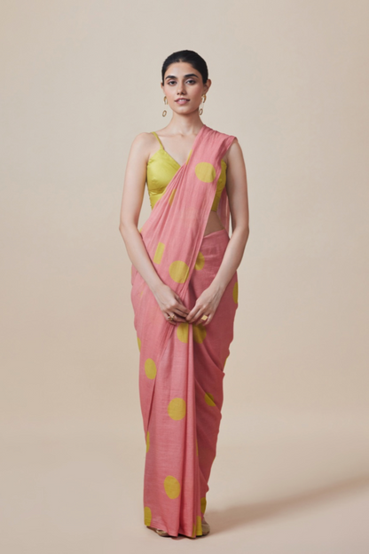 PEACHDIVINE CLAMP DYED YELLOW POLKA SAREE