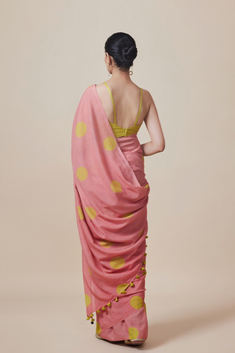 PEACHDIVINE CLAMP DYED YELLOW POLKA SAREE