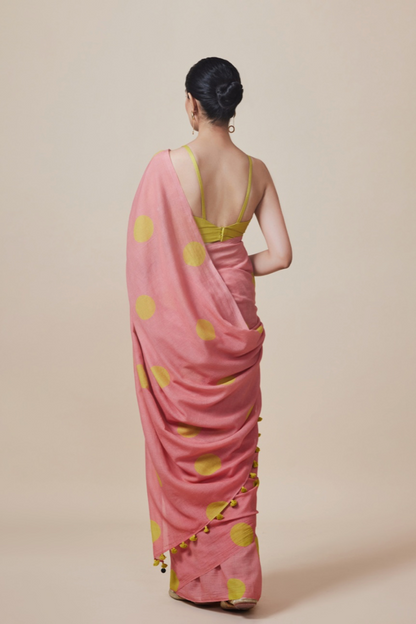 PEACHDIVINE CLAMP DYED YELLOW POLKA SAREE