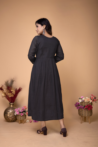 BLACK HANDEMBROIDERED ANGARKHA STYLE MIDI