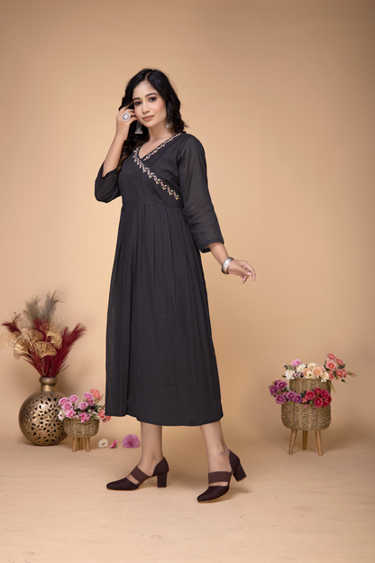 BLACK HANDEMBROIDERED ANGARKHA STYLE MIDI