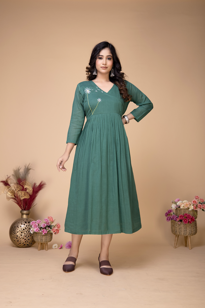 EMERALD GREEN HANDEMBROIDERED MIDI