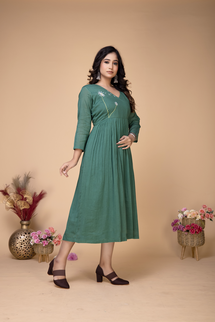 EMERALD GREEN HANDEMBROIDERED MIDI