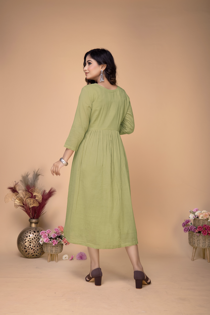 MOSS GREEN COTTON BLOCKPRINTED MIDI