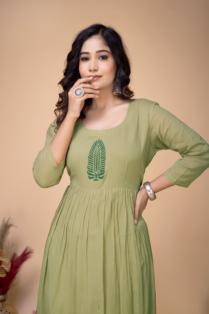 MOSS GREEN COTTON BLOCKPRINTED MIDI