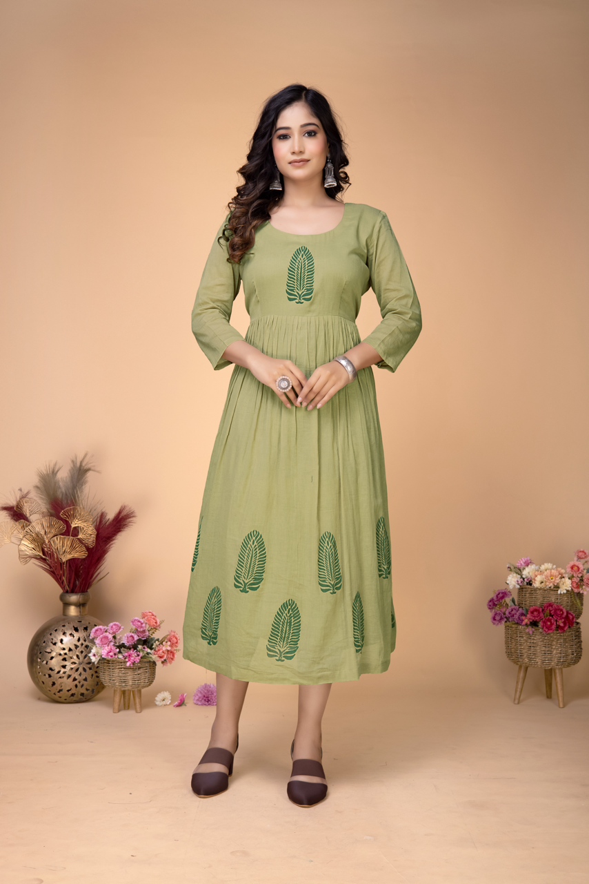 MOSS GREEN COTTON BLOCKPRINTED MIDI