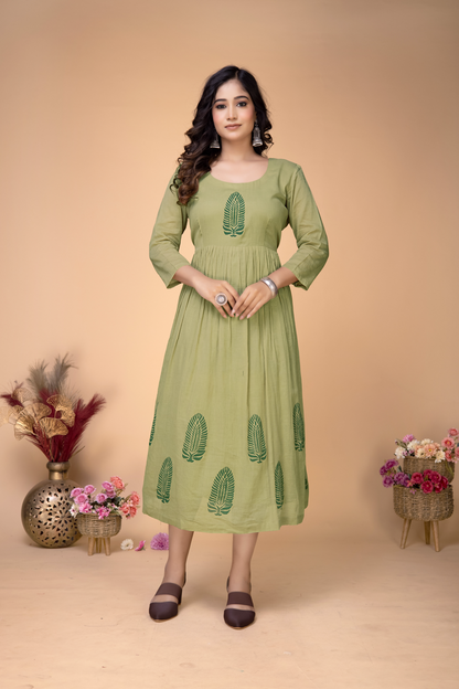 MOSS GREEN COTTON BLOCKPRINTED MIDI