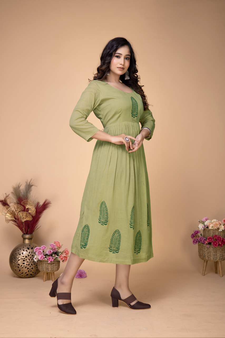 MOSS GREEN COTTON BLOCKPRINTED MIDI