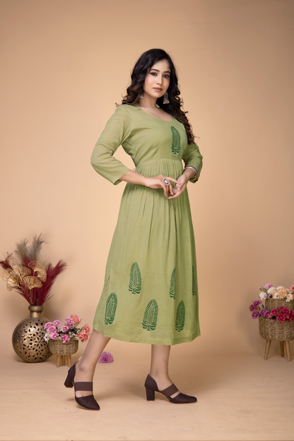 MOSS GREEN COTTON BLOCKPRINTED MIDI
