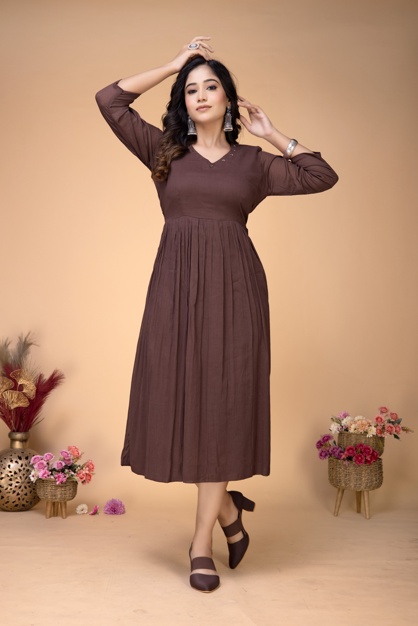 SOLIDBROWN HAND ABHLA COTTON DRESS