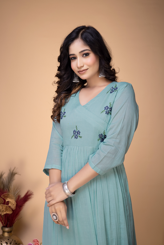 SKY BLUE MULMUL HAND EMBROIDERED