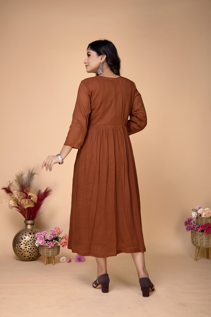 TOFFEE BROWN BLOCK PRINTED MULMUL DRESS