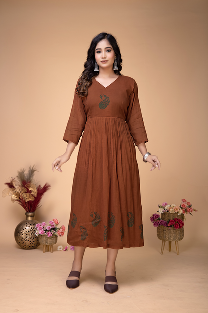 TOFFEE BROWN BLOCK PRINTED MULMUL DRESS