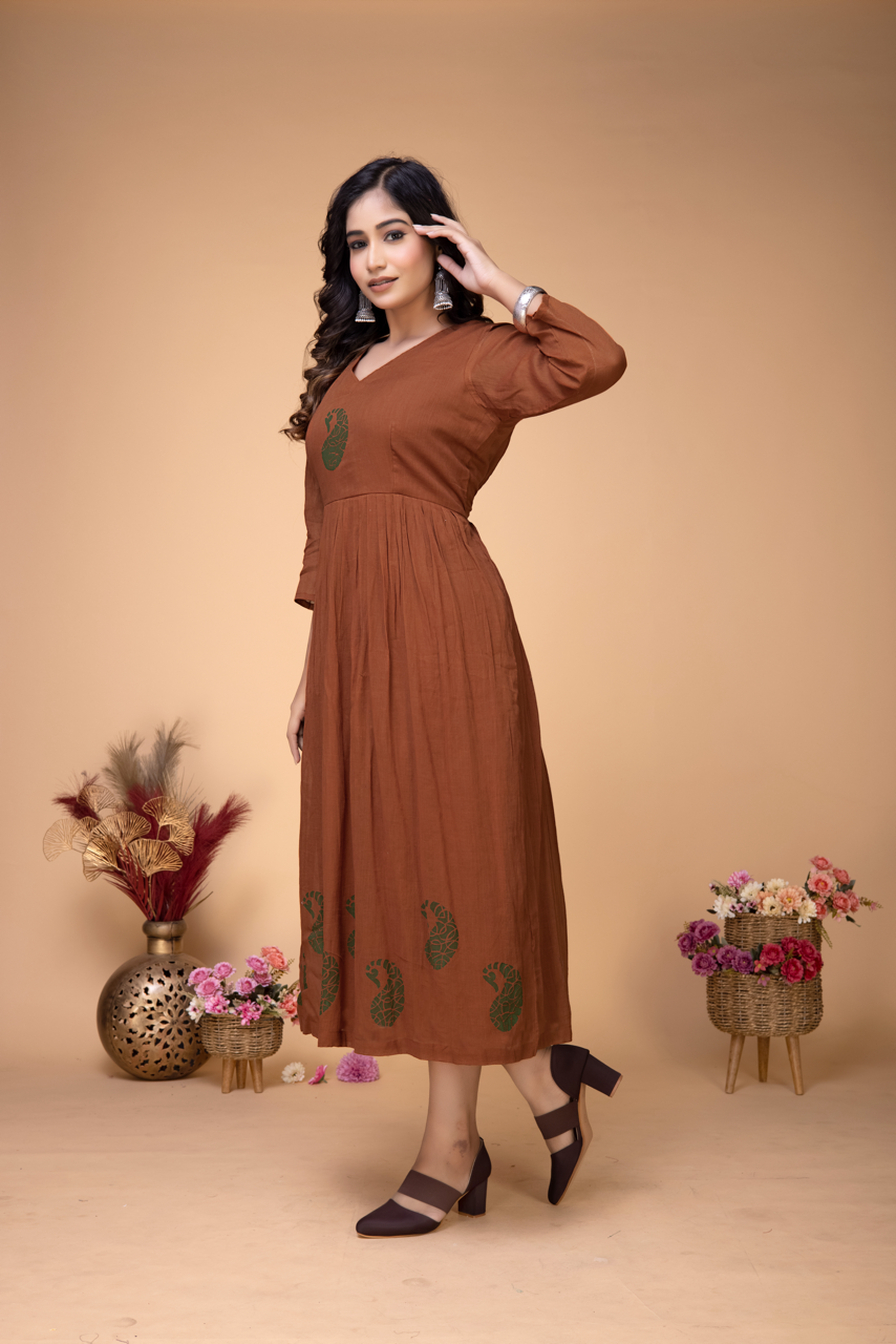 TOFFEE BROWN BLOCK PRINTED MULMUL DRESS