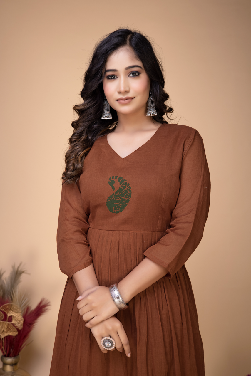 TOFFEE BROWN BLOCK PRINTED MULMUL DRESS